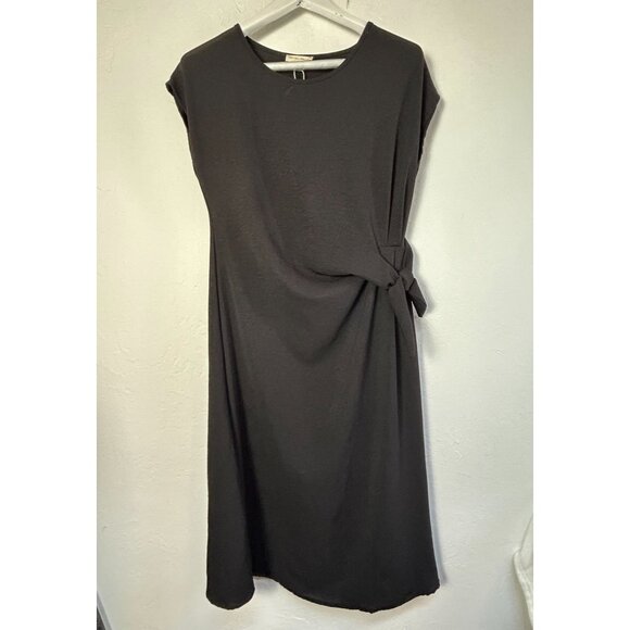 See You Monday Womens Black Side Tie Shift Midi Dress Size Medium Cap Sleeve New - Picture 1 of 8